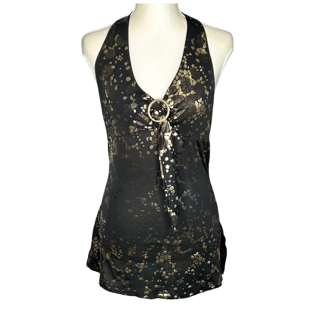 VTG Y2k Babydoll Halter Top‎ Medium Disco Festival Open Back Metallic Clubwear